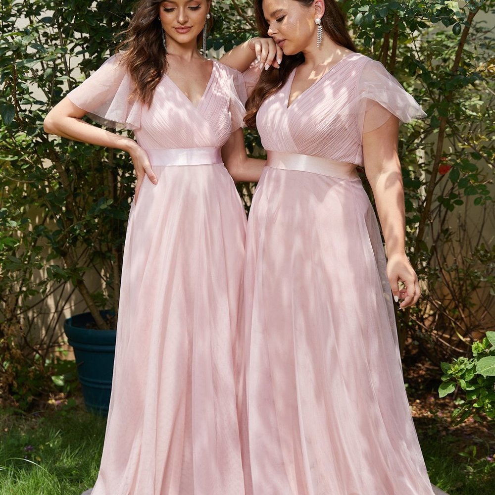 Brand New Butterfly Sleeve Mesh Bridesmaid Dress baby pink